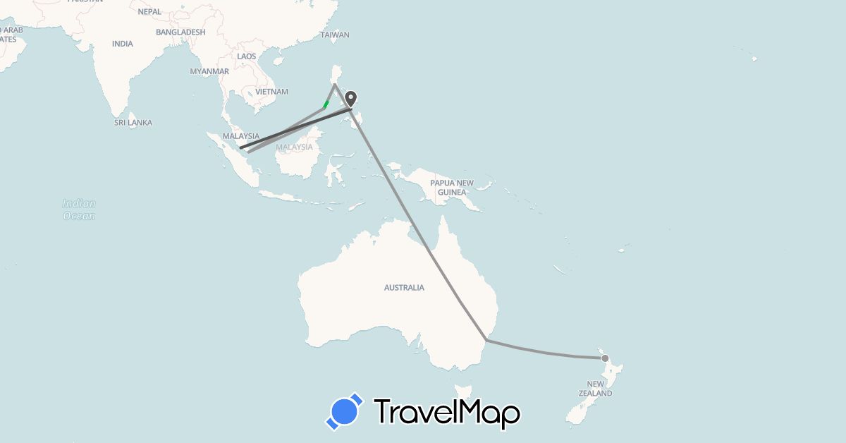 TravelMap itinerary: driving, bus, plane, motorbike in Australia, Malaysia, New Zealand, Philippines, Singapore (Asia, Oceania)